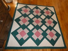 Pink Rose Interlocking Square Quilt Handmade Pieced 51 x 50"