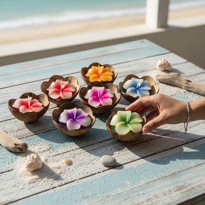 Hibiscus Flower Candle in Natural Coconut Bowl   Handmade Scented Wax Decor