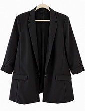 INC International Concepts Black Open-Front Ruched Blazer Notched Lapel 3/4
