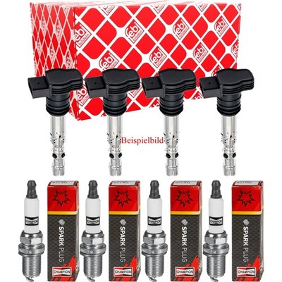 4x FEBI BILSTEIN Zündspule + CHAMPION Zündkerze für Mazda 6 Kombi GH 2.0 MZR