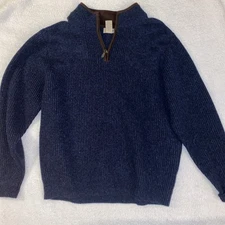 L L Bean Mens Sweater Blue Waterfowl Merino Lambswool Chunky Knit 1/4 Zip Large