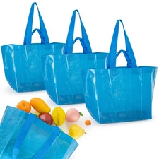 Reusable Grocery Bags 3 Pcs Blue Woven Polypropylene Foldable Waterproof