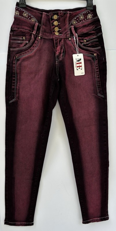 HME Burgundy Embroidered Skinny Jeans Womens M Stretch High Rise Button Fly NWT