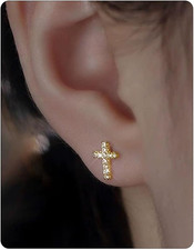14K Gold Plated Small Cross Stud, Hypoallergenic Pave CZ Tiny Earrings for Women