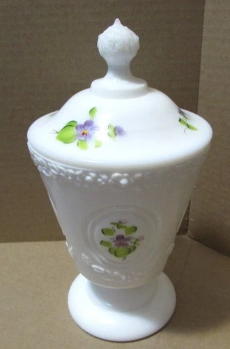 Fenton  Candy Dish "Violets in the Snow"  Milk Glass artist signed C. Smith