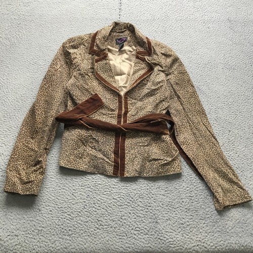 VS2 By Vakko Leopard Leather Lined Jacket Women Small Notched Belted Brown
