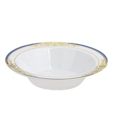 12 oz White Plastic Bowls with Gold and Blue Trim Wedding Disposable Tableware