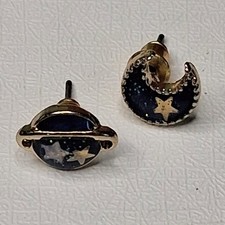 Gold Tone Celestial Stud Earrings Moon Saturn Planet Navy Blue Enamel