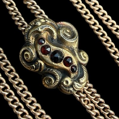 32  Antique French Charnier GF Watch Chain Necklace Victorian Slide Ruby Garnet