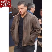 Jason Bourne Matt Damon Jacket - Ship From USA -  Brown Leather Biker Jacket