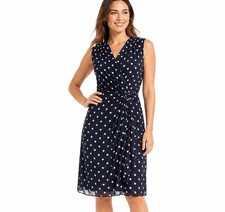 Lauren Ralph Lauren Polka Dot Chiffon Dress 8 Navy Faux Wrap Side Knot