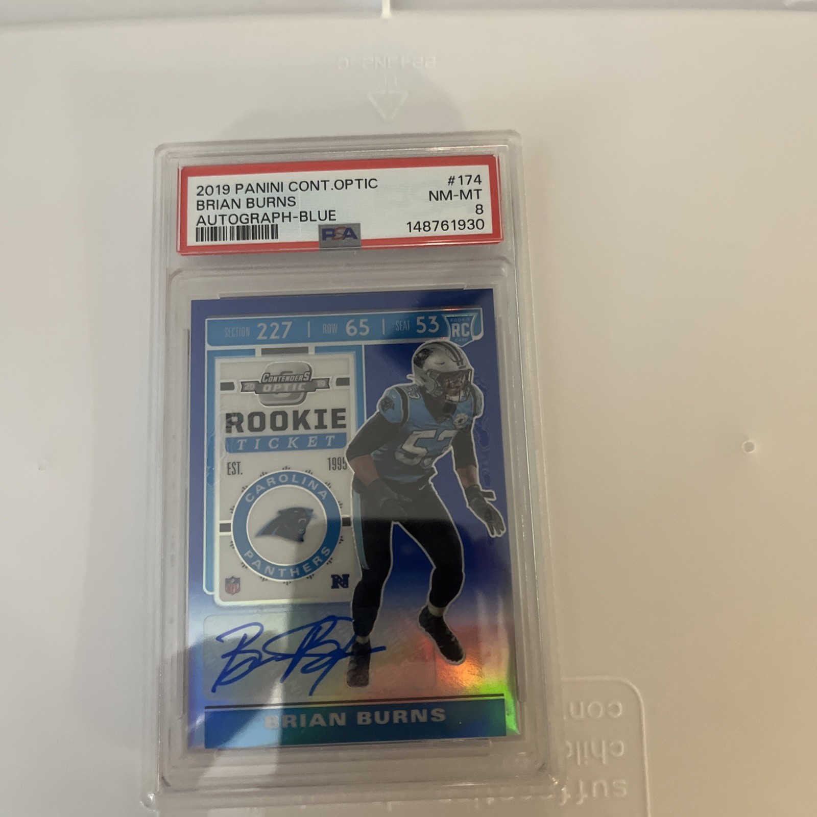 2019 Panini Contenders Optic  Blue Rookie Ticket Autograph /75 Brian Burns PSA 8