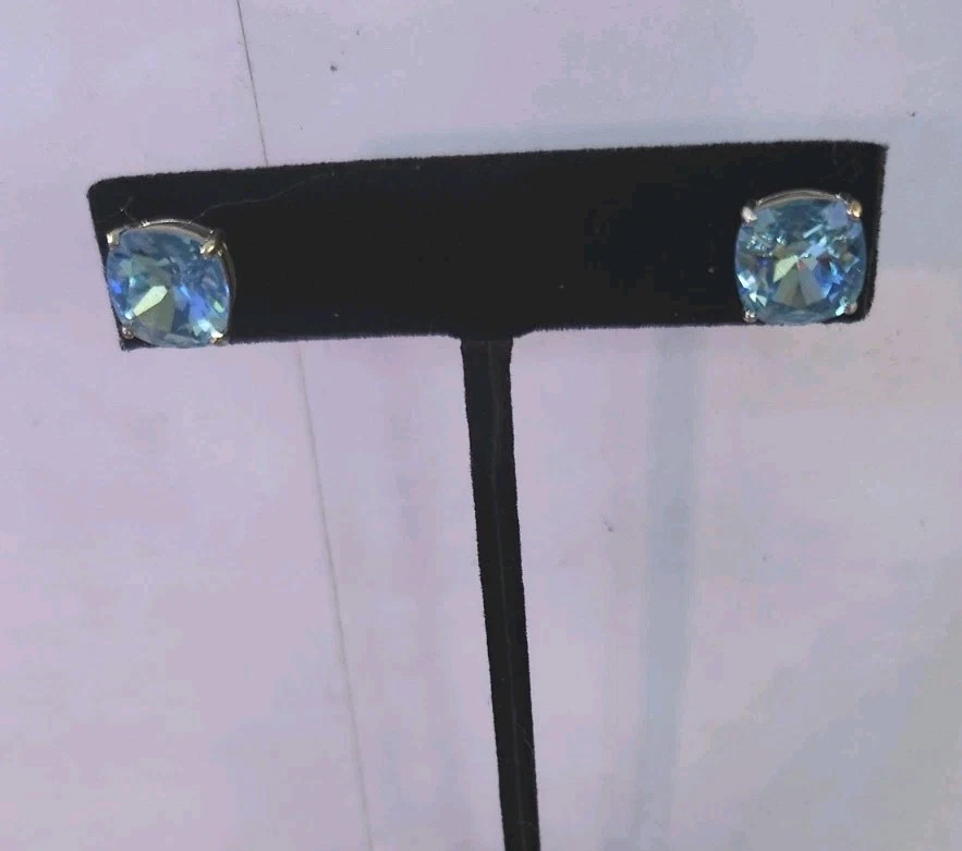 Aquamarine Blue Topaz Simulated Silver Tone Round Stud Earrings 10mm - Image 2 of 3