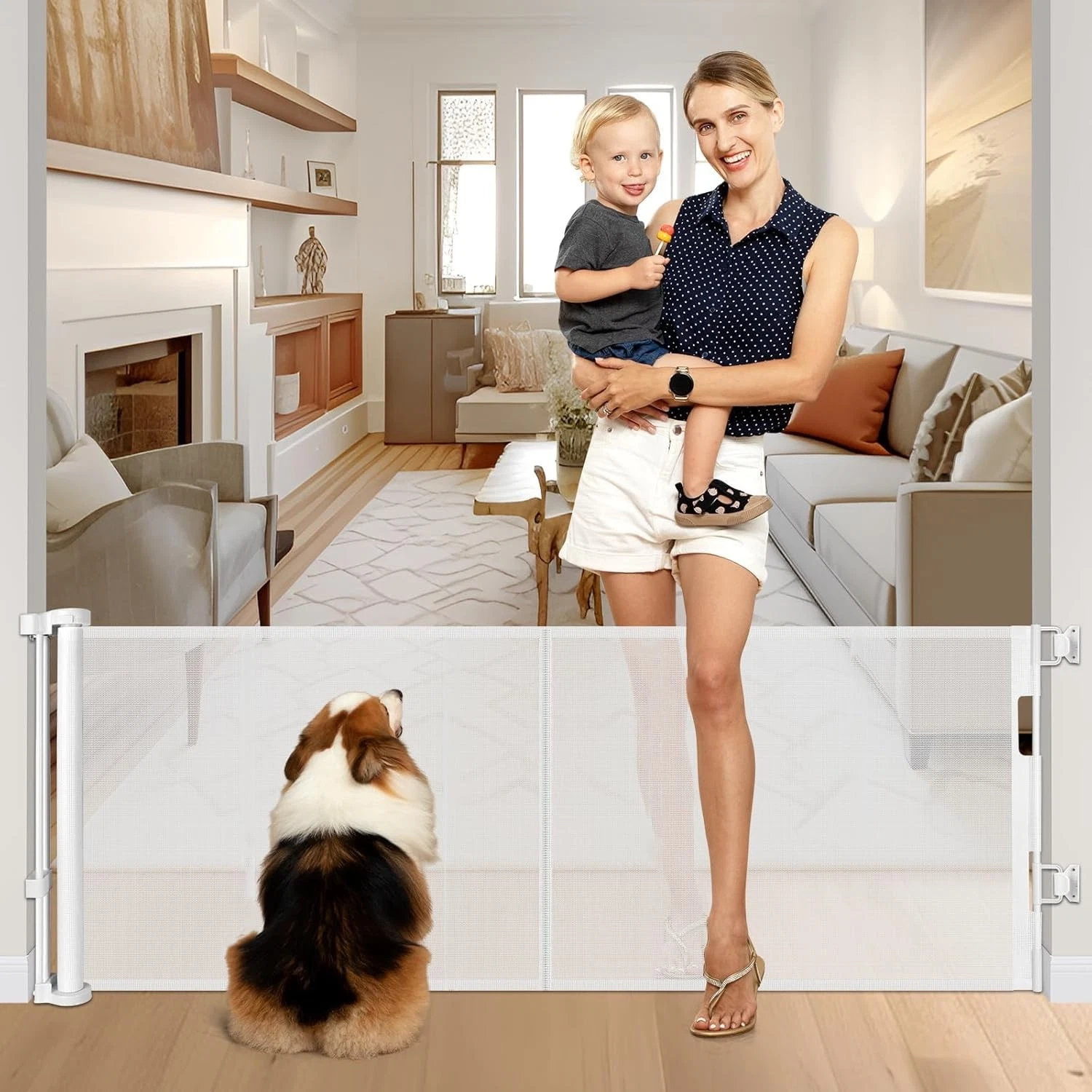 Reinforced 28 Inch Tall Retractable Baby Gates for Dogs, Easy Step Over Pet G...