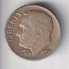 1955-D ROOSEVELT DIME 10¢ DENVER MINT 90% SILVER COIN UNITED STATES OF AMERICA