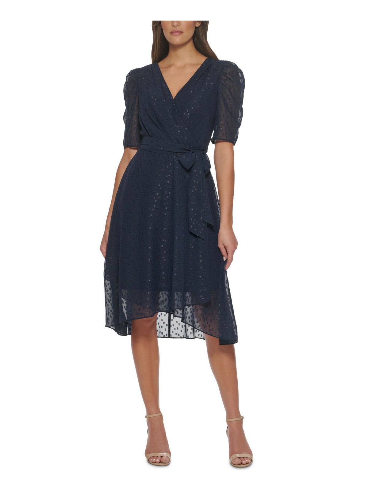 TOMMY HILFIGER Navy Faux Wrap Midi Dress with Pouf Sleeves
