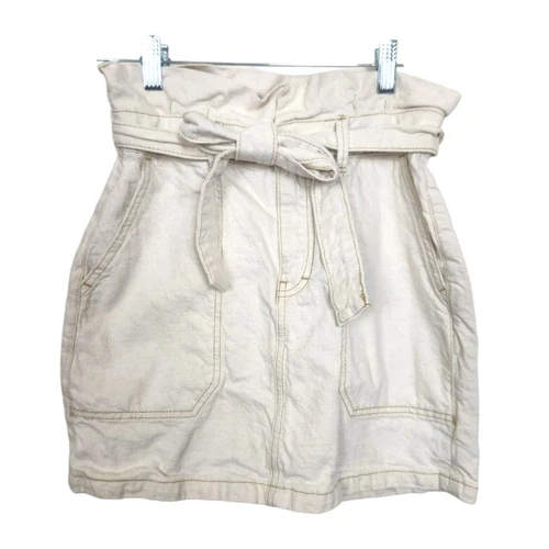 Free People Oatmeal Paper Bag High Waisted Linen Blend Denim Skirt Size 0