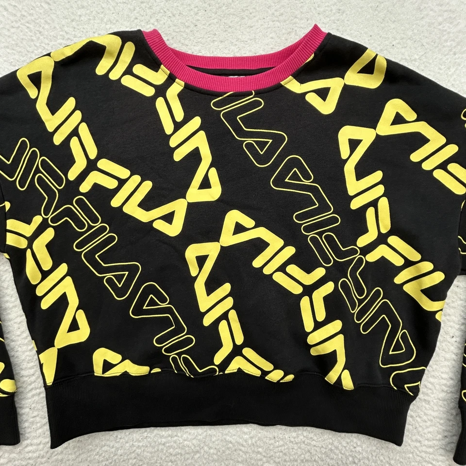 Fila Sweatshirt Womens Large Crewneck Black Yellow All Over Print Pullover Logo - Image 2 of 4