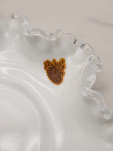 Vintage Fenton Silver Crest Milk Glass Ruffled Bon Bon Bowl With Handle - Picture 5 of 19