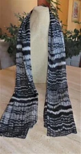 Oblong abstract scarf; semi-sheer; black or dark navy & white poly? 60x14
