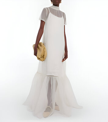 Stylish High Neck Maxi Dress Christmas Prom Party Long Organza White Dress