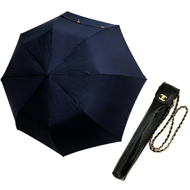 CHANEL Folding Umbrella with Case Black Gold Coco Mark CHANEL Folding Umbrella with Case Black Gold Coco Mark