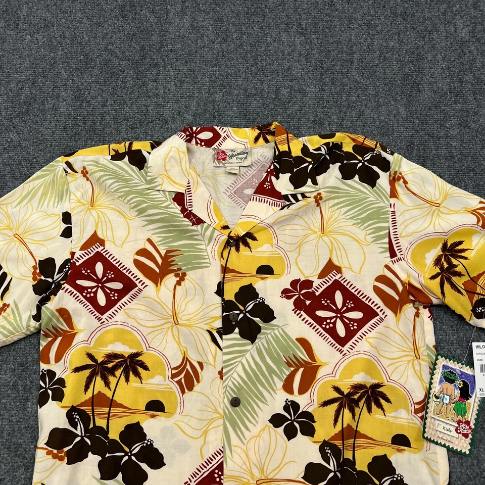 Camisa Hawaiana Hilo Hattie Niños Extra Grande Blanco Botón Floral Rayón Campamento Foto 2 de 4