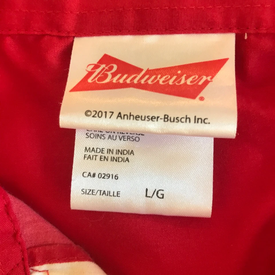 Budweiser Anheuser-Busch Red All Over Print Button-Up Shirt Hawaiian Beer RARE L - Image 4 of 4