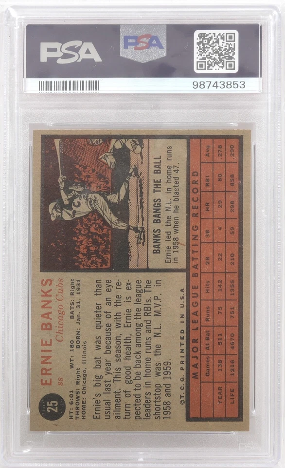 1962 Topps #25 Ernie Banks PSA Graded 6 Baseball Card Chicago Cubs - Image 3 of 3