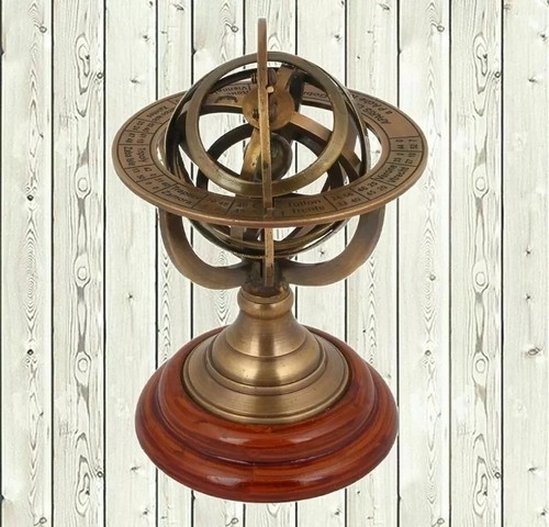 Brass Armillary Sphere Astrolabe Wooden Base Maritime Nautical Collectible Gift - Picture 2 of 2