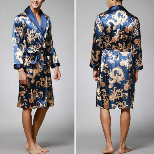 Men Satin Pajamas Robe Dragon Bathrobe Dress Gown Kimono Night Loungewear - Bild 4 von 20