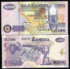 Zambia 100 Kwacha P-38 1992 Victoria Falls UNC Animal WorldCurrency Zambian NOTE