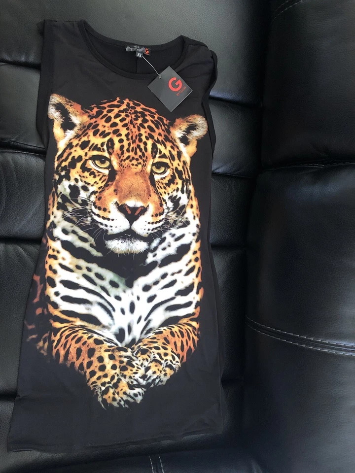 Hermosa Camiseta Realista G By Guess Negra Vestido Leopardo ¡NUEVA CON ETIQUETAS!