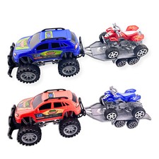 2 Pack Friction Powered Trailer Monster Trucks SUV Towing ATV Toy Car Set