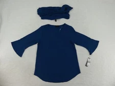 AB Studio Shirt Womens Extra Small Dark Teal Blue 3/4 Bell Sleeve With Scarf