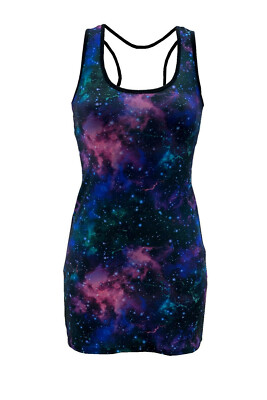Blau lila Galaxie Kosmos Sterne Planeten Druck lange Weste Top Bodycon Rave