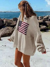 WOMENS  S M L XL  CREAM USA FLAG PULLOVER SWEATER PATRIOTIC NEW