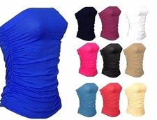 Womens Plain Strapless Sleeveless Ruched Boob Tube Ladies Bandeau Top size 8-26