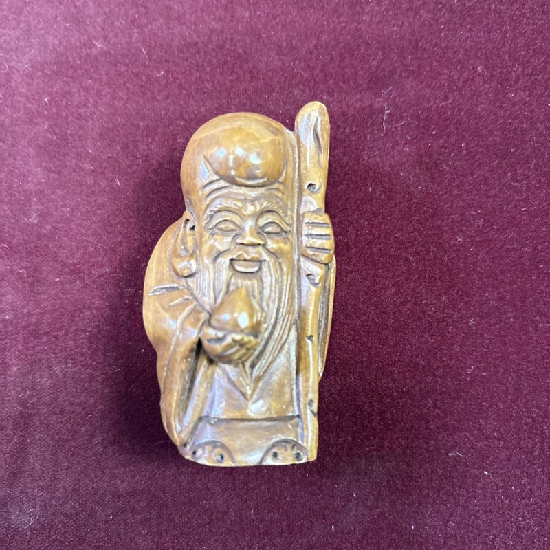 Handmade Japanese Wooden Figurine with Staff, Japanese Culture