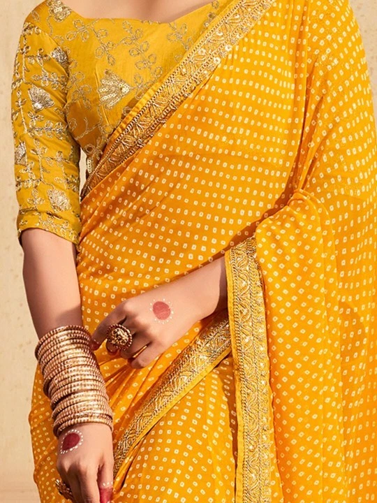 Sari Bandhani Georgette amarillo y plateado con lentejuelas y borde bordado Foto 3 de 4