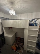 Children’s Loft Bed with Desk & Wardrobe – White & Grey Finish (Includes Mattres