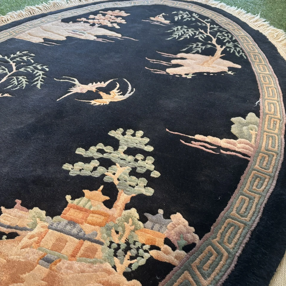 c1970's  ART DECO CHINESE OVAL RUG 4ft X 6ft SCENERY DESIGN_COMFORTING SOFT WOOL - Image 2 of 4