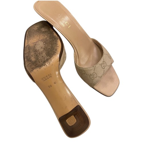 GUCCI Beige Canvas GG Monogram Kitten Heel Slide Sandals, Size 36 C - Picture 3 of 5