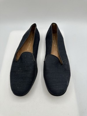 Stubbs & Wootton Dark Navy Blue? Raffia Black Leather Trim Loafers Men Sz 11