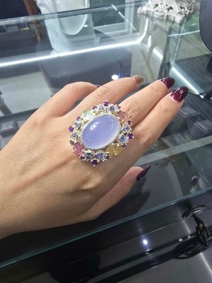 925 sterling silver statement ring with an oval lavender chalcedony center stone