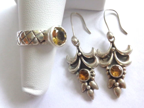 VTG ARTISAN  SET  OF  2 STERLING  SILVER CITRINE DANGLE  EARRINGS AND RING  SZ 6