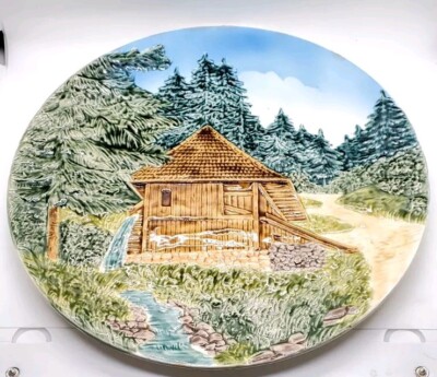 Vtg 13'' Wall Plate Mountain Forest & Cabin Scene 3D Hand Painted Germany #2212
