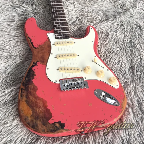 Vintage Relic Pink ST Electric Guitar Alder Body Maple Neck w/SSS Tremolo Bridge