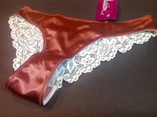 Women Panties Bikinis ILUSION Size L.Brown Garnet Satin floral Fishnet SoftSilky