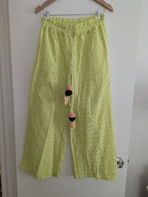 Ollari New York Anthropologie Chartreuse pom pom tie lacey wide leg pants sz XS